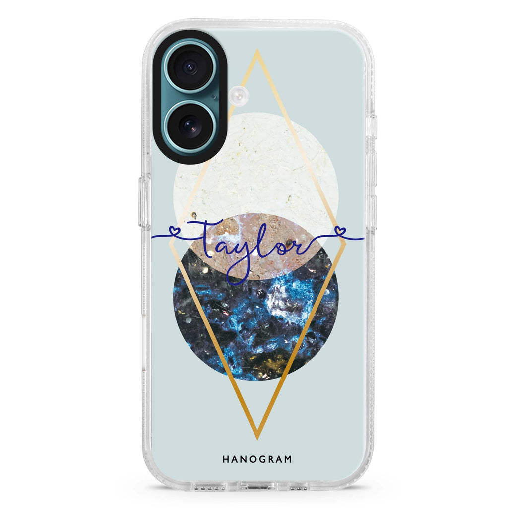 Marble Abstract I custom name iPhone 16 and 16 Plus ultra clear case, transparent abstract pattern, front product view