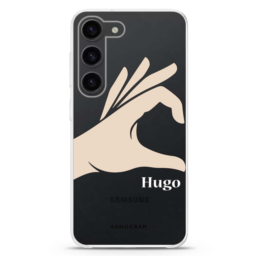 Left Hand heart personalized ultra-clear case for Samsung Galaxy S23/S22, front view