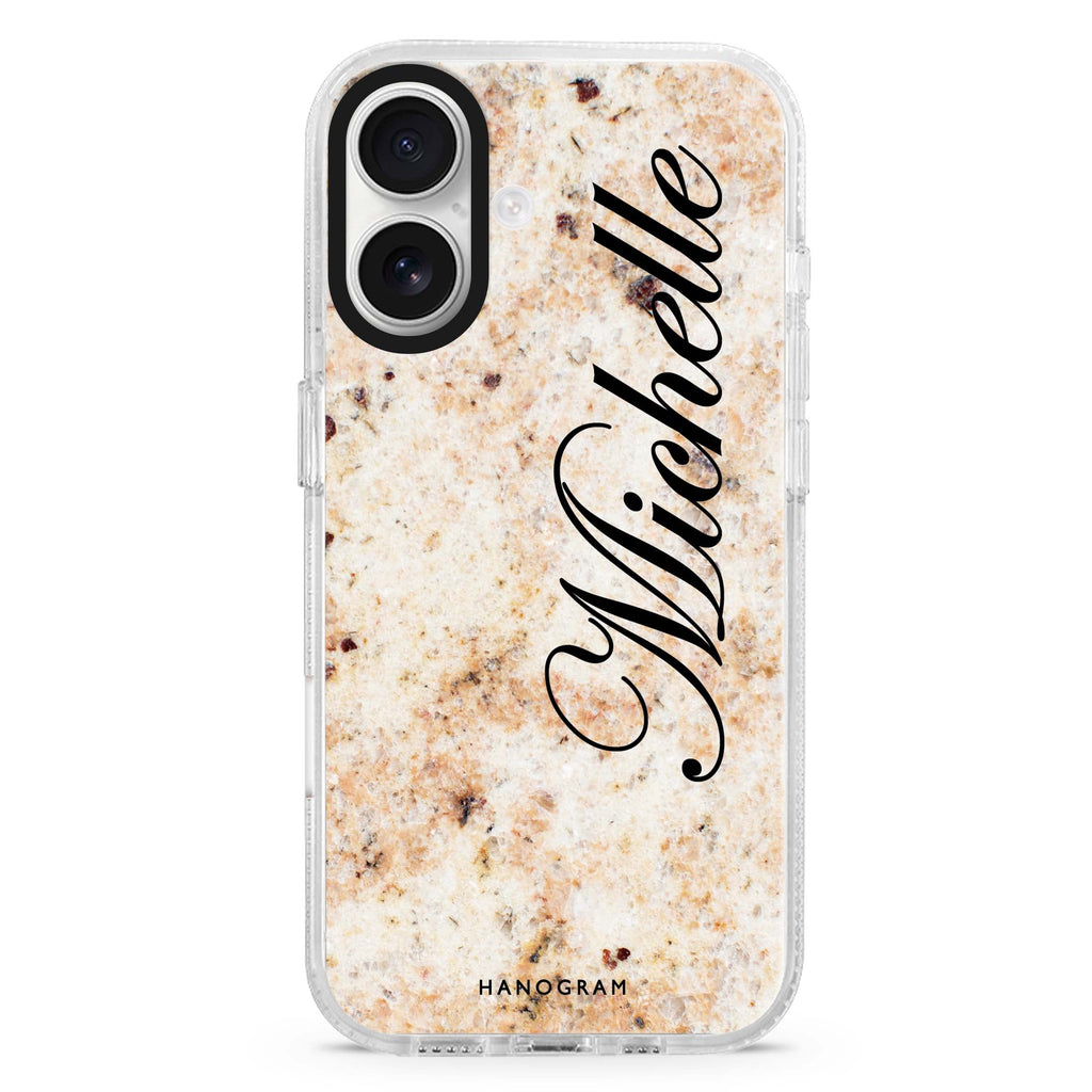 Real Marble custom name iPhone 16 and 16 Plus ultra clear case, transparent marble pattern, front product view
