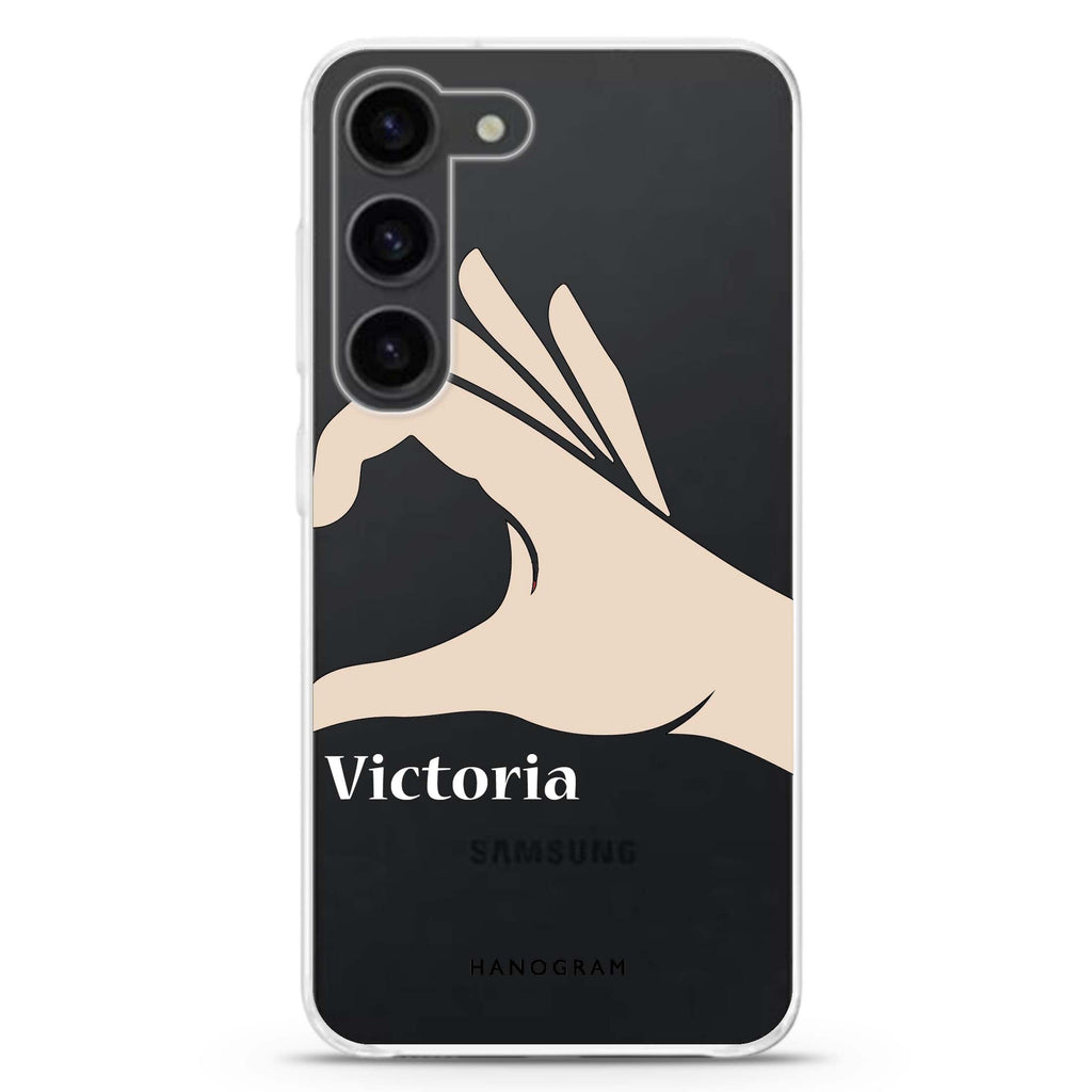 Right Hand heart personalized ultra-clear case for Samsung Galaxy S23/S22, front view