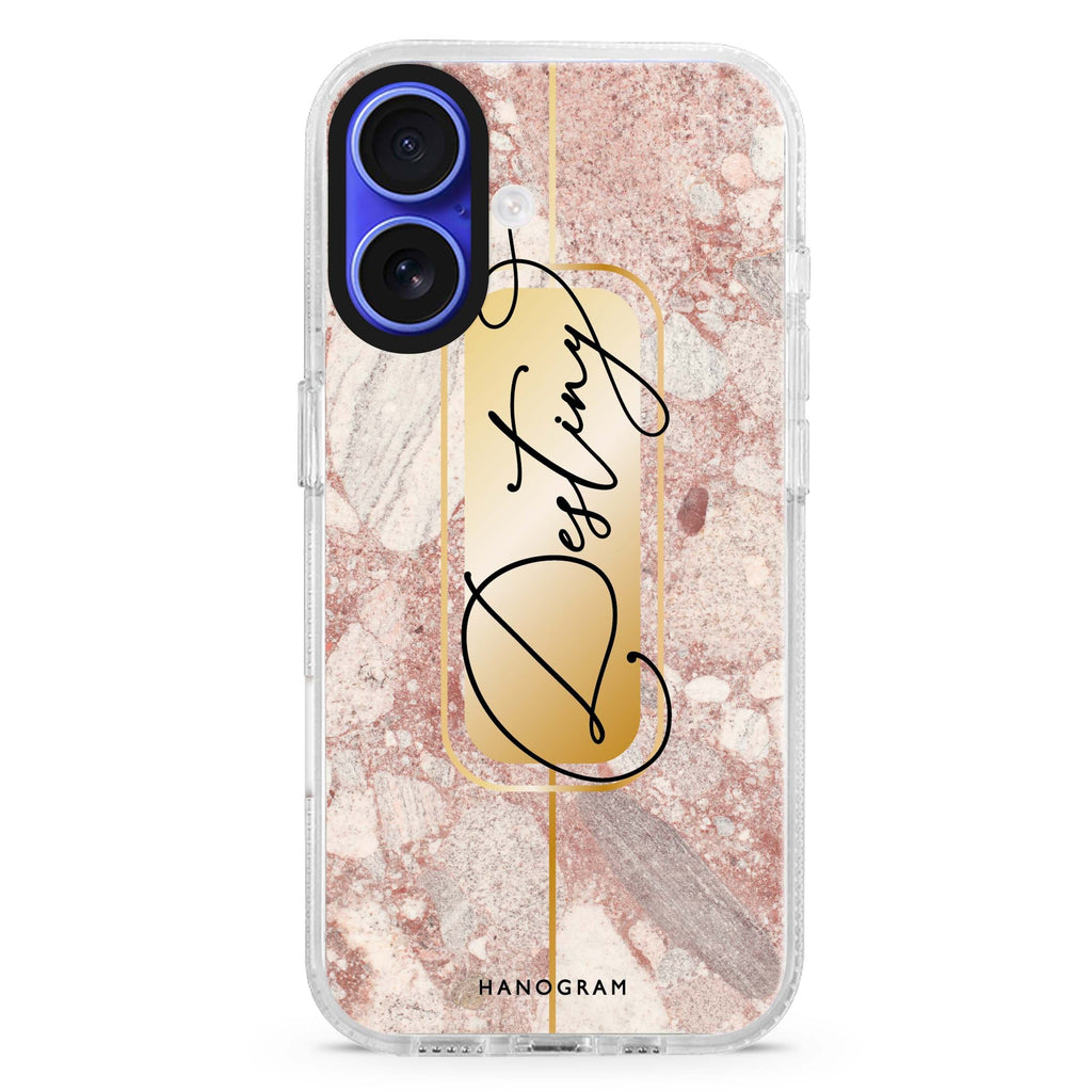 Golden Marble custom name iPhone 16 and 16 Plus ultra clear case, transparent marble pattern, front product view