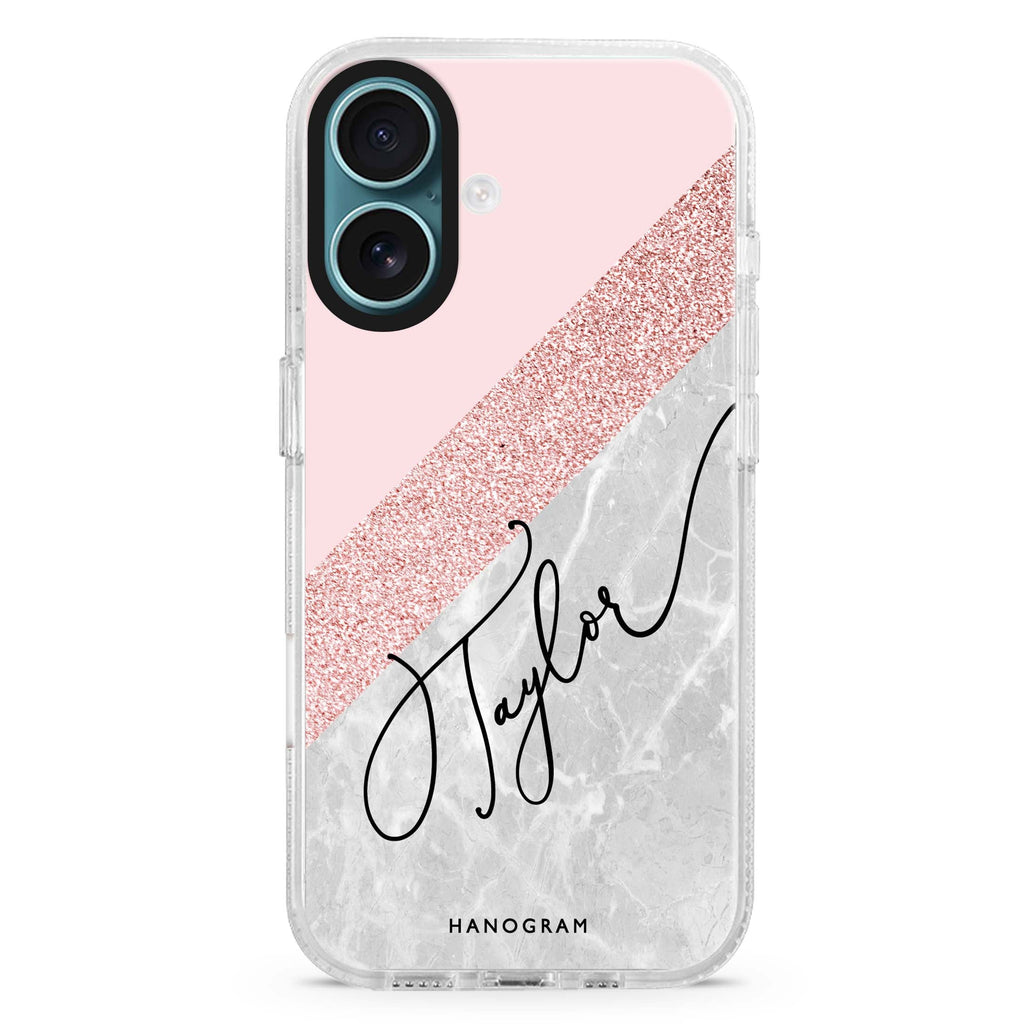 Marble Abstract II custom name iPhone 16 and 16 Plus ultra clear case, transparent abstract pattern, front product view