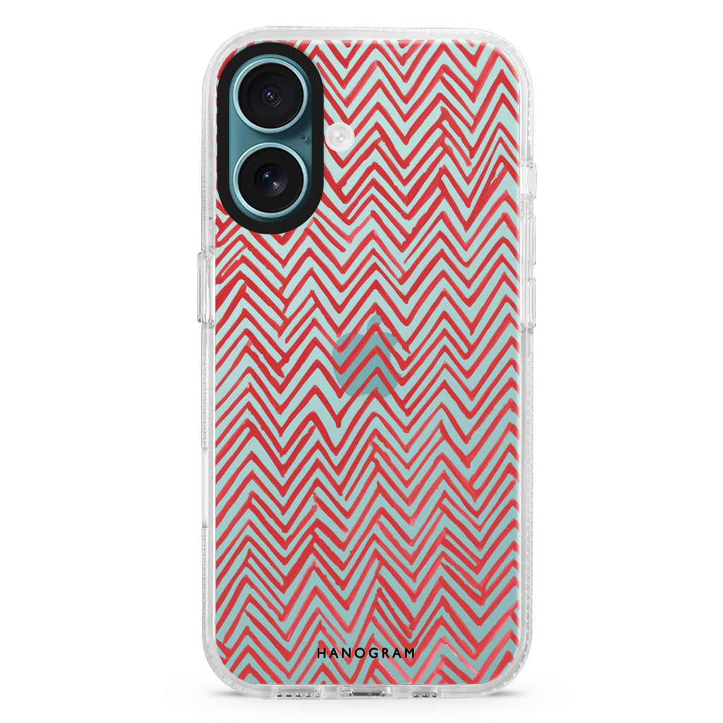 Crimson Currents iPhone 16 and 16 Plus ultra clear case, transparent graphic artwork, front product view