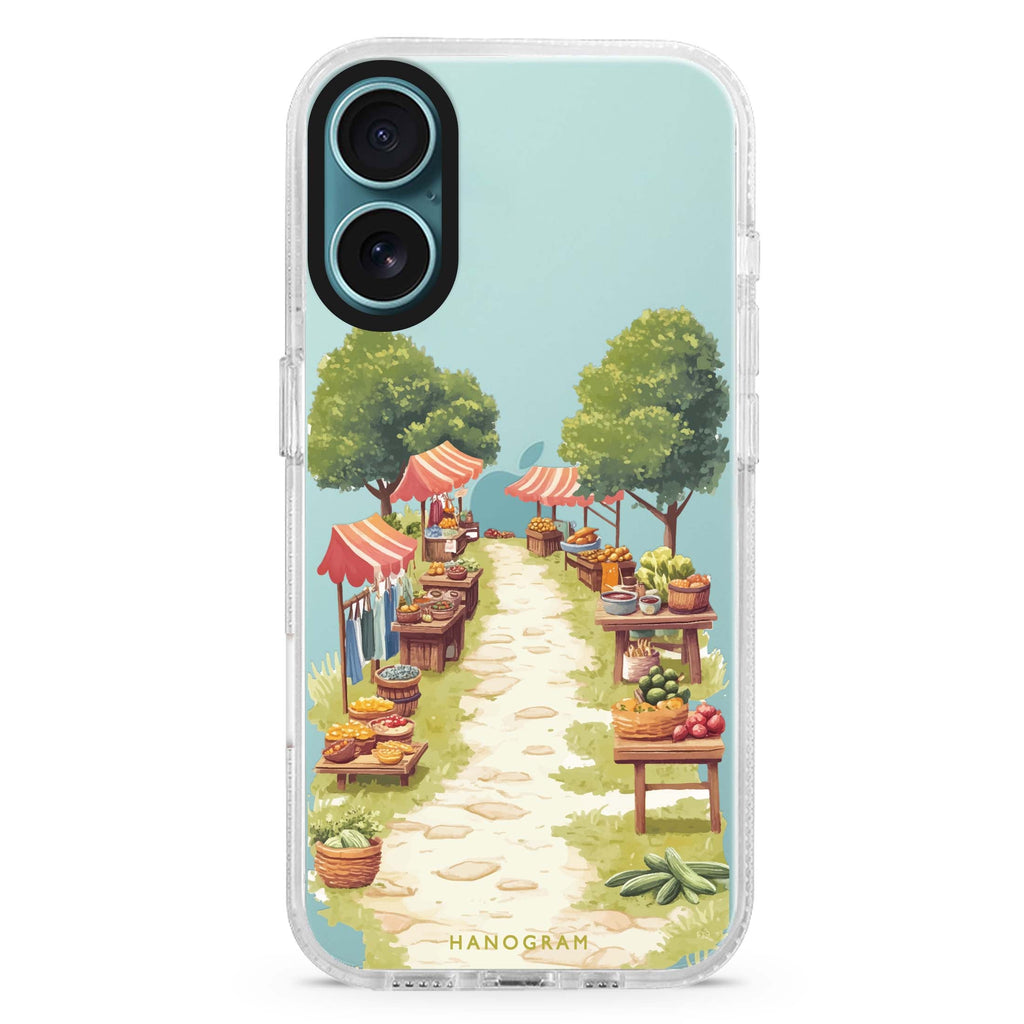 Market Lane iPhone 16 and 16 Plus ultra clear case, transparent graphic artwork, front product view