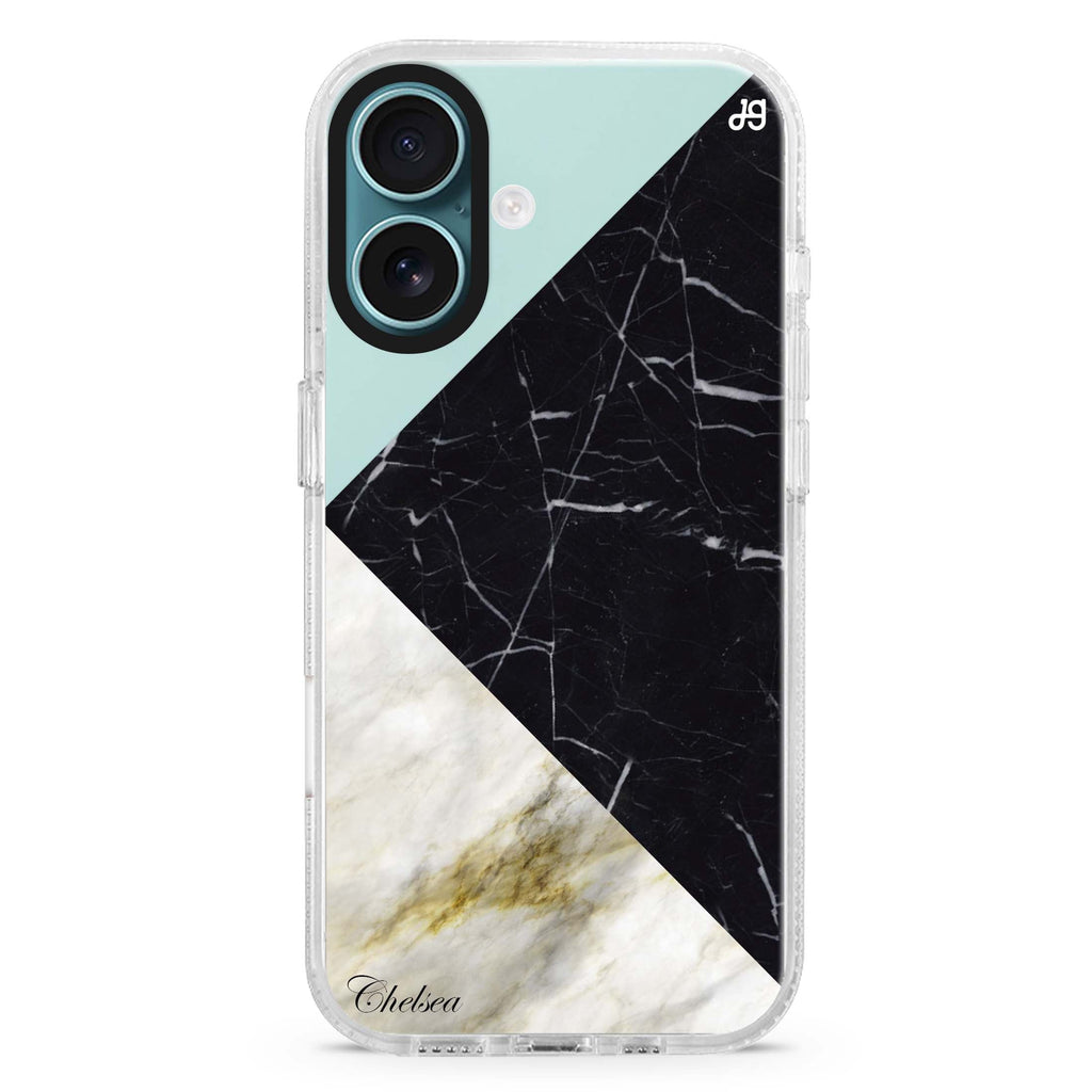 Marble Mix custom name iPhone 16 and 16 Plus ultra clear case, transparent marble pattern, front product view