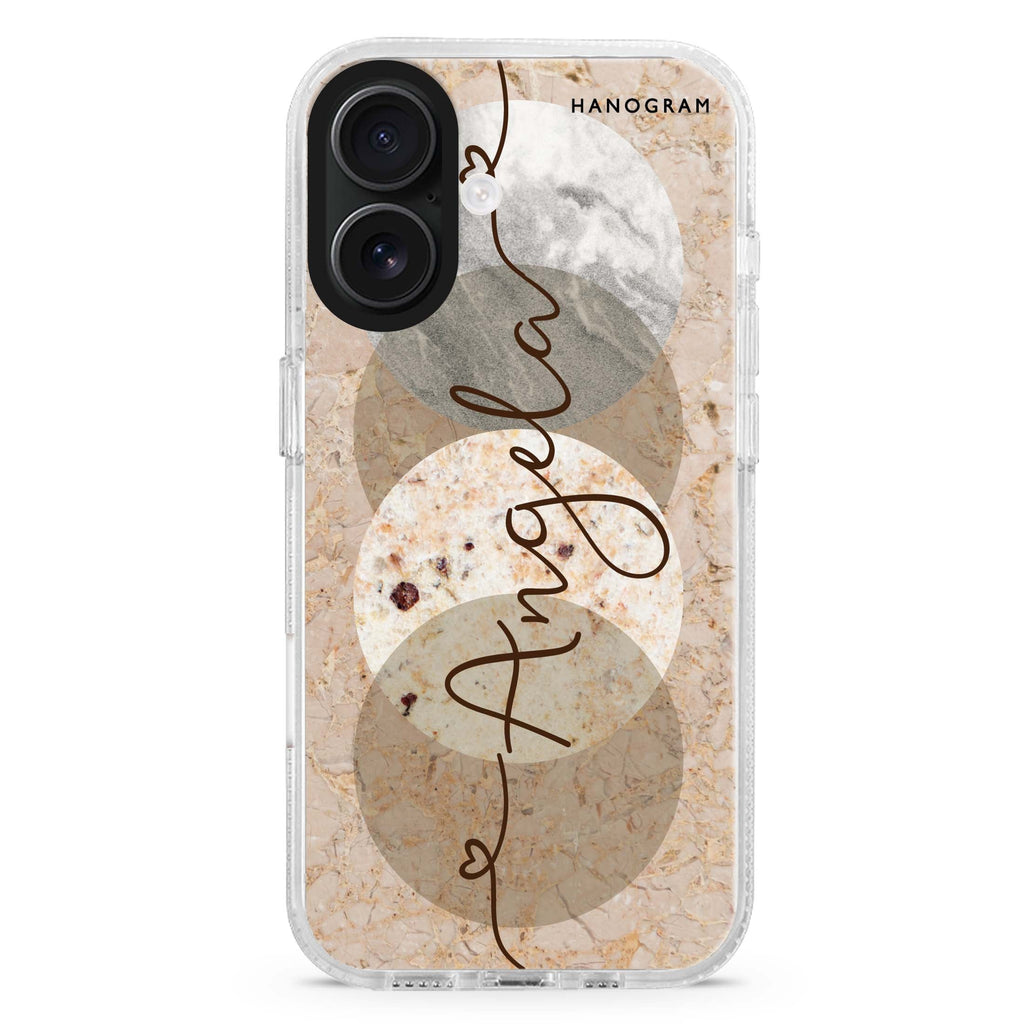 Artistic Marble I custom name iPhone 16 and 16 Plus ultra clear case, transparent artistic artwork, front product view