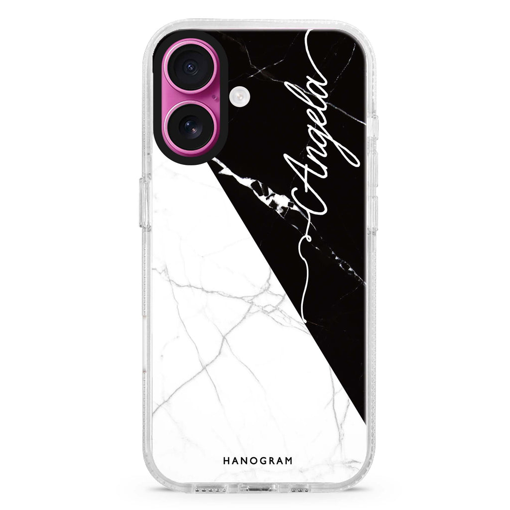 Black And White Marble custom name iPhone 16 and 16 Plus ultra clear case, transparent marble pattern, front product view