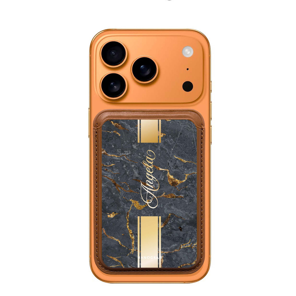 Luxury Gold Marble custom name MagSafe wallet for iPhone, personalized magnetic card holder, main view