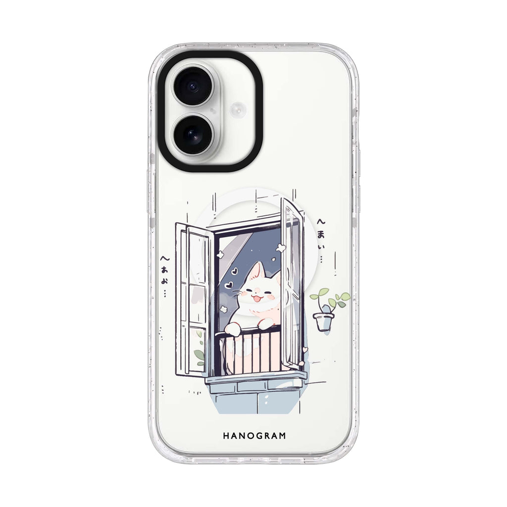 Ledge Lounging Kitty iPhone 17 ultra clear MagSafe case, front product view