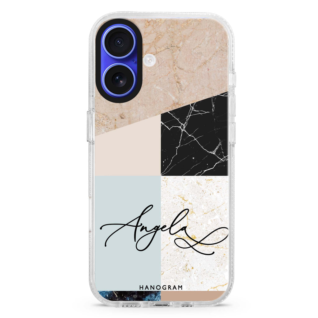 Marble Abstract V custom name iPhone 16 and 16 Plus ultra clear case, transparent abstract pattern, front product view