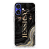 Sumptuous Marble custom name iPhone 16 and 16 Plus ultra clear case, transparent marble pattern, front product view