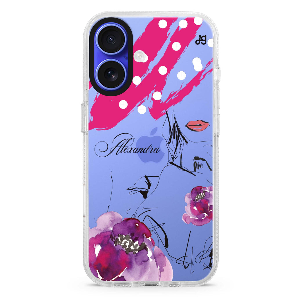 Floral Makeup custom name iPhone 16 and 16 Plus ultra clear case, transparent floral artwork, front product view