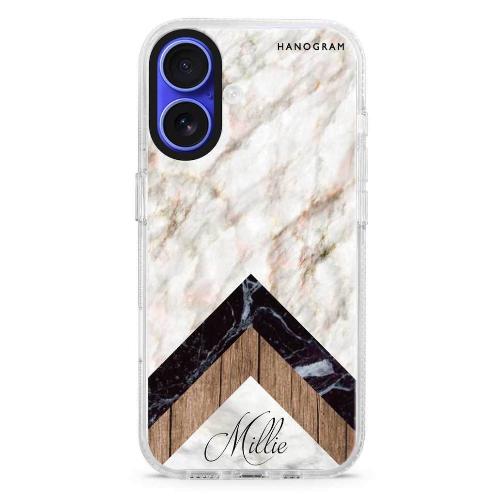 Marble & Wood custom name iPhone 16 and 16 Plus ultra clear case, transparent marble pattern, front product view
