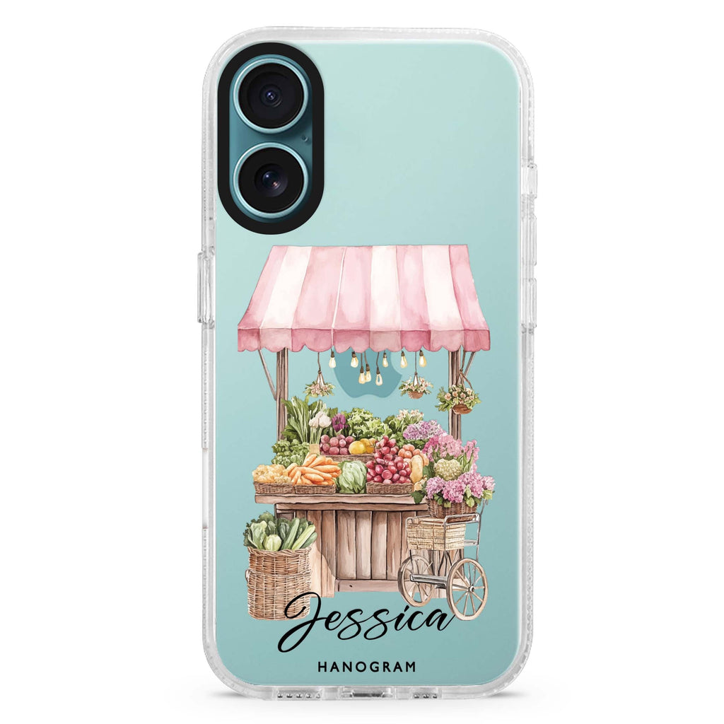 Blush Market custom name iPhone 16 and 16 Plus ultra clear case, transparent graphic artwork, front product view