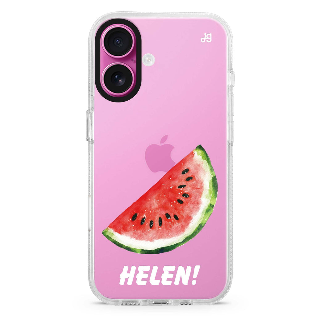Melon Splash custom name iPhone 16 and 16 Plus ultra clear case, transparent graphic artwork, front product view