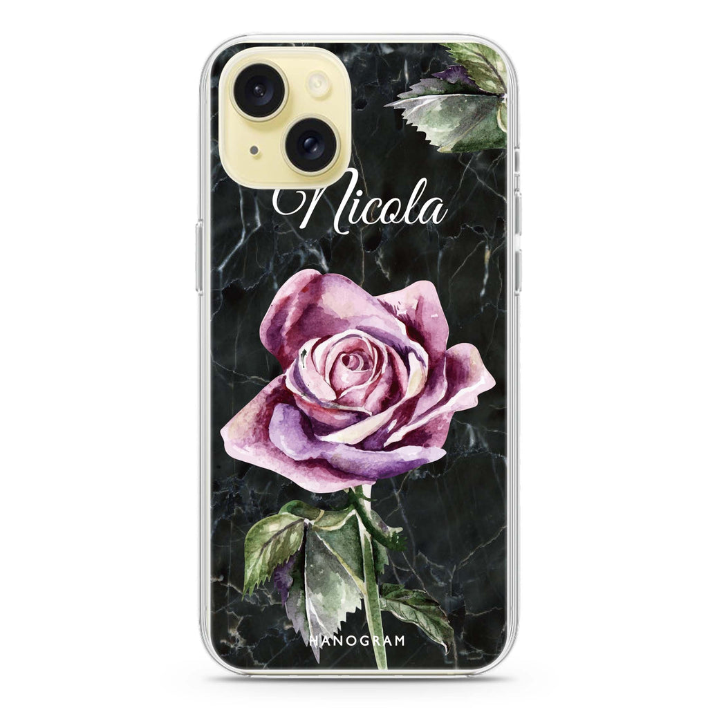 Black Marble Rose iPhone 15 plus Ultra Clear Case