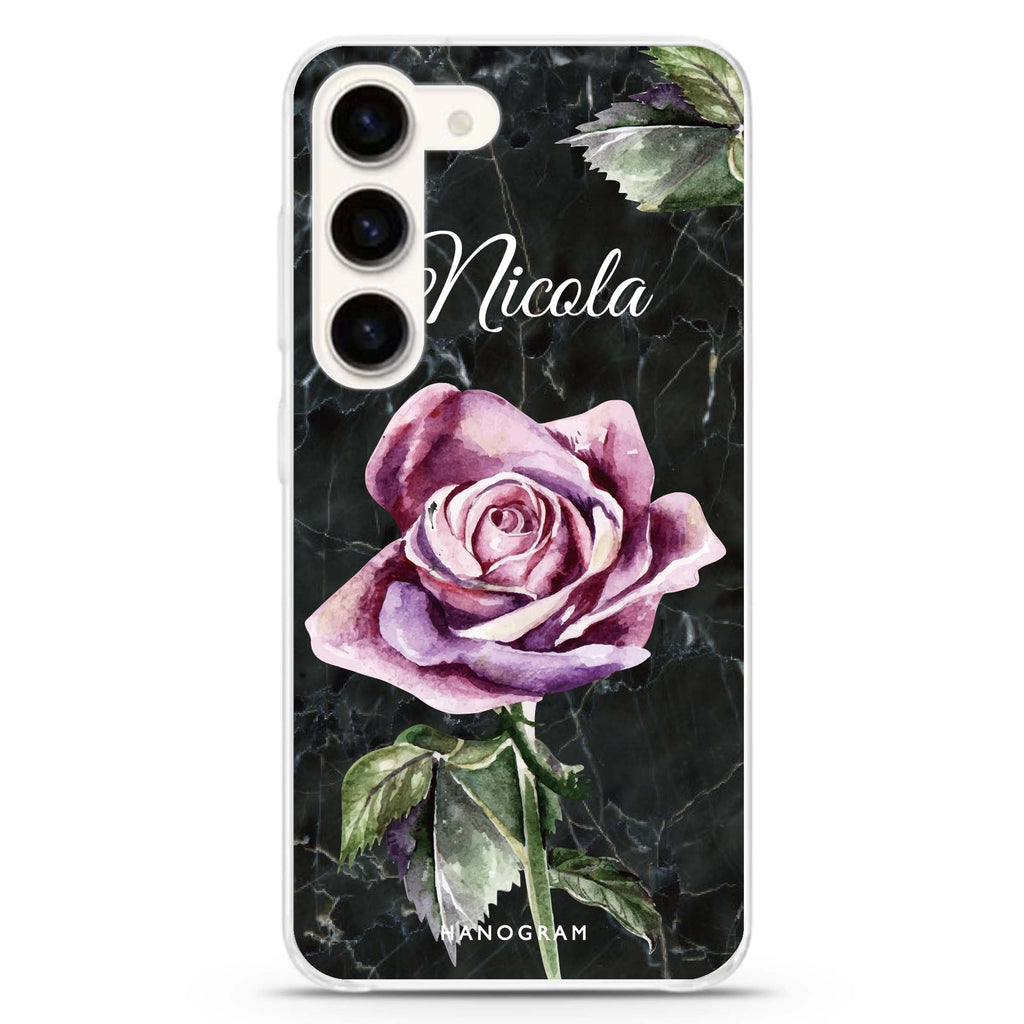 Black Marble Rose personalized ultra-clear case for Samsung Galaxy S23/S22, front view