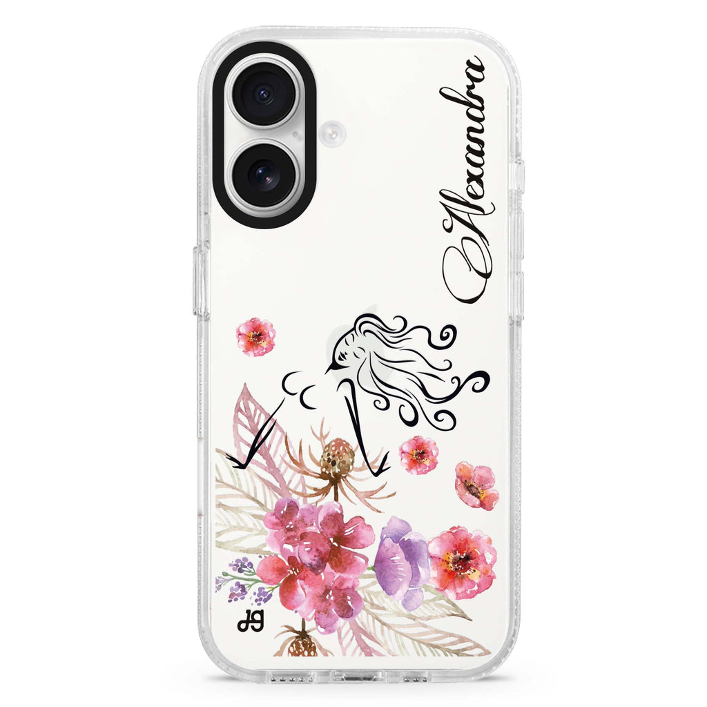 Floral Fairy I custom name iPhone 16 and 16 Plus ultra clear case, transparent floral artwork, front product view