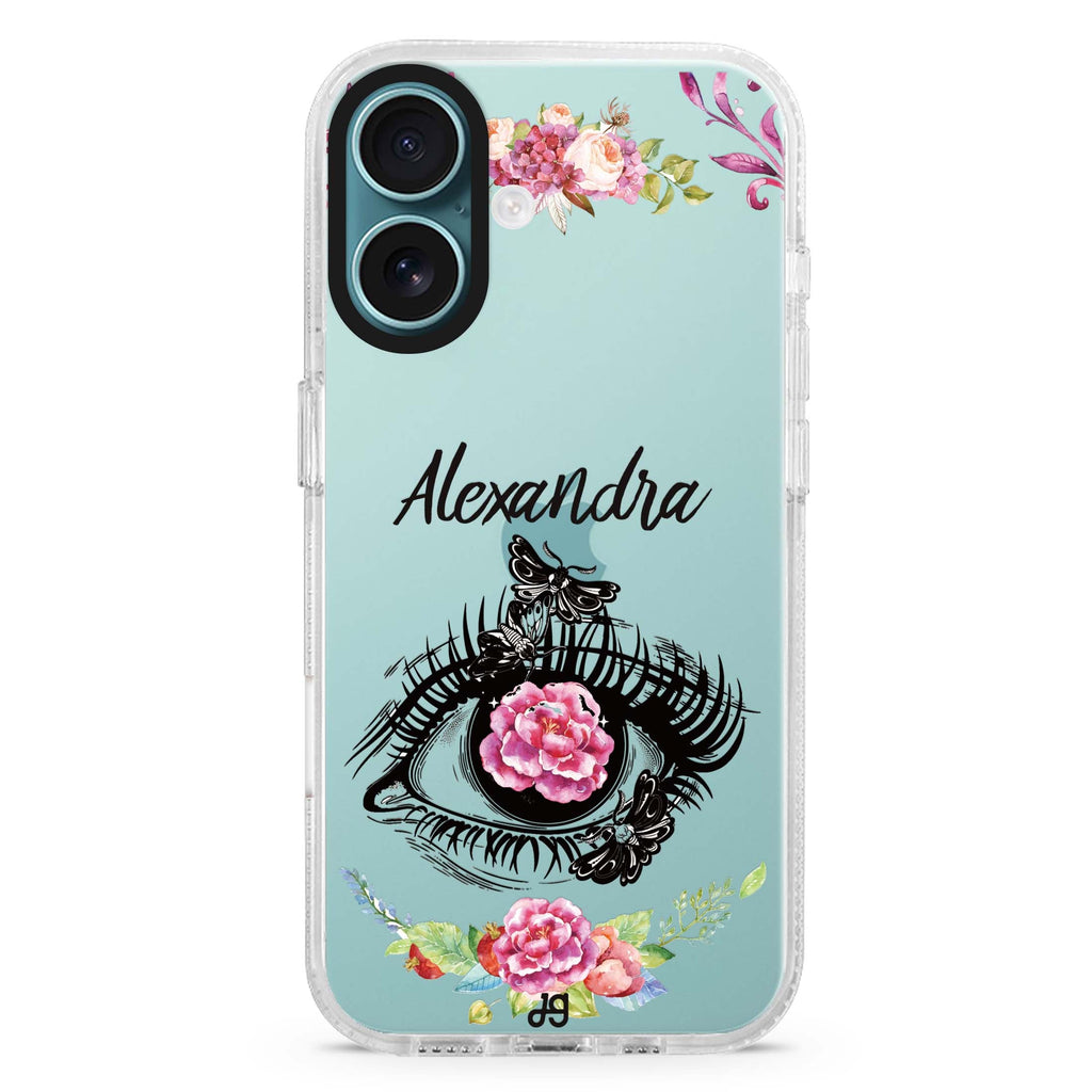 Flower in Eye custom name iPhone 16 and 16 Plus ultra clear case, transparent floral artwork, front product view