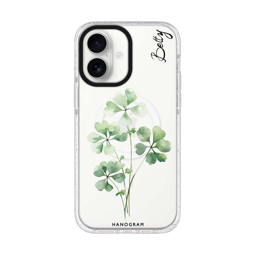 Luck's Leaf personalized name iPhone 17 ultra clear MagSafe case, front product view