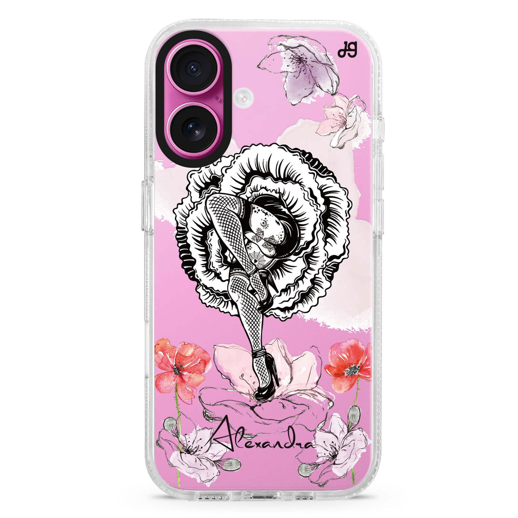 Dancing Flora custom name iPhone 16 and 16 Plus ultra clear case, transparent graphic artwork, front product view