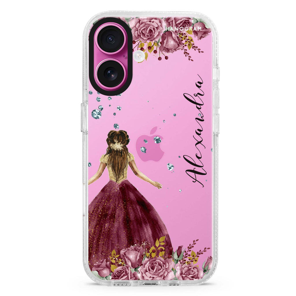Princess In Garden custom name iPhone 16 and 16 Plus ultra clear case, transparent floral artwork, front product view