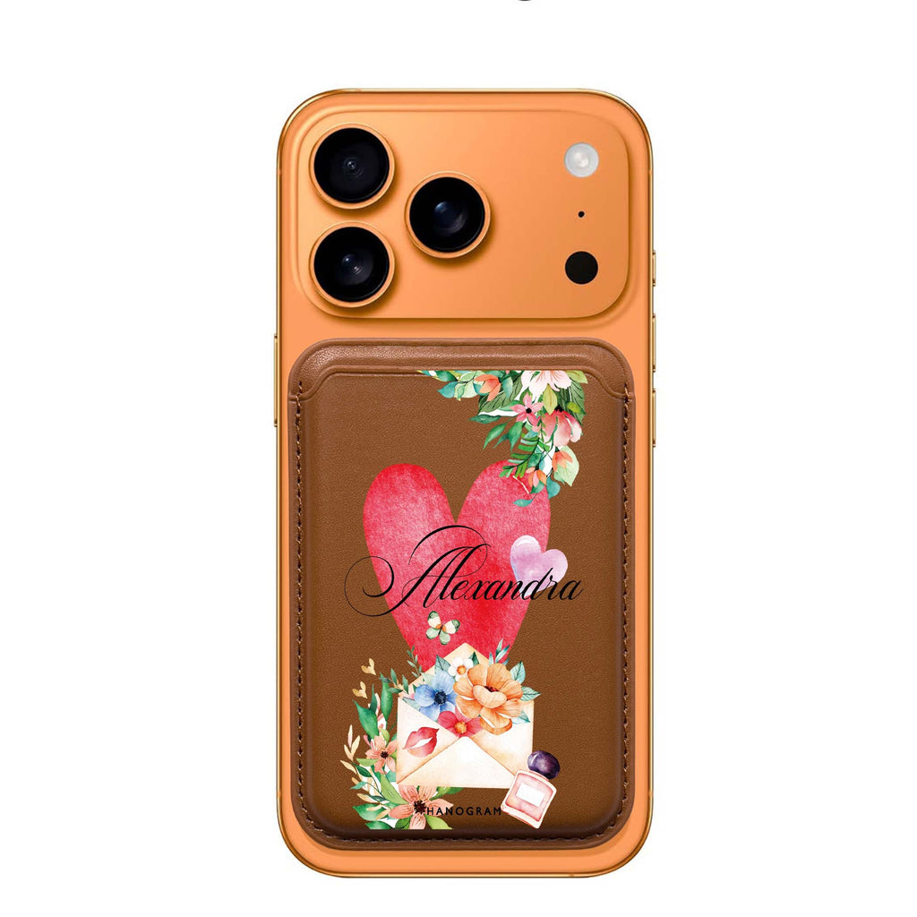 Floral Love Letter custom name MagSafe wallet for iPhone, personalized magnetic card holder, main view