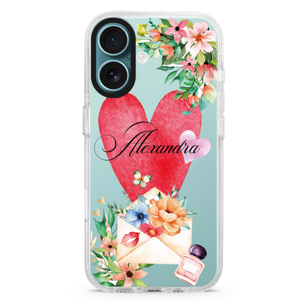 Floral Love Letter custom name iPhone 16 and 16 Plus ultra clear case, transparent name artwork, front product view