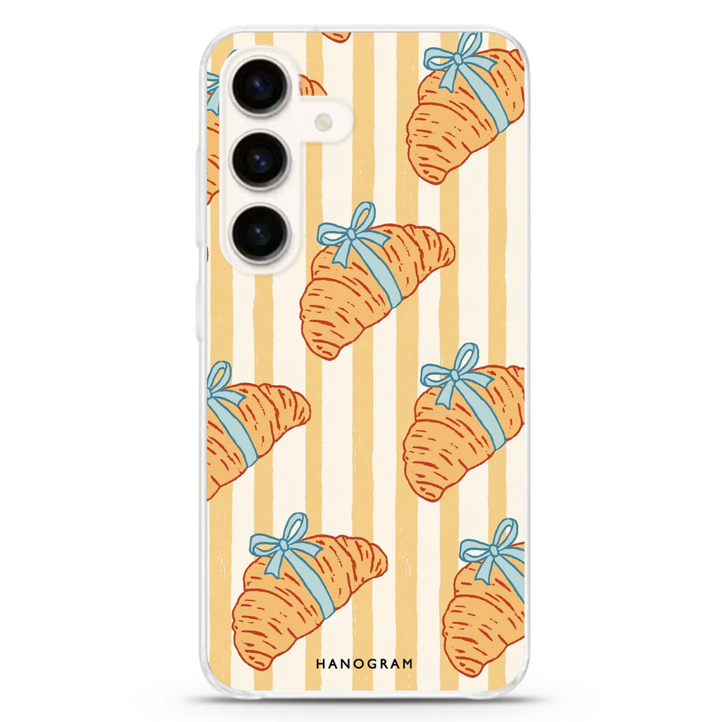Croissants with Blue Bows Samsung Galaxy Ultra Clear Case — front view