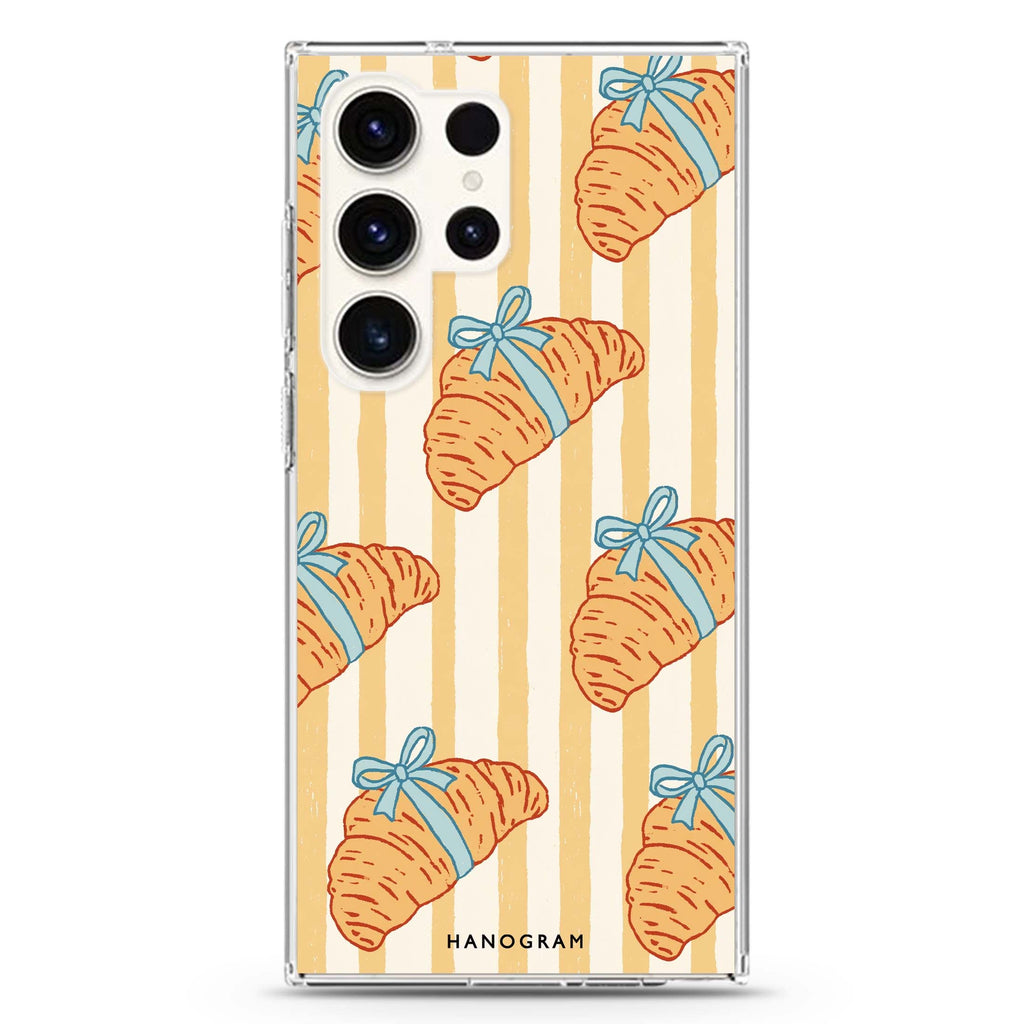 Croissants with Blue Bows Samsung Galaxy Ultra Clear Case — front view