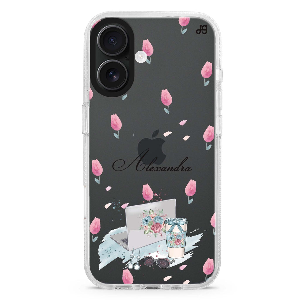My Foral Lifestyle custom name iPhone 16 and 16 Plus ultra clear case, transparent graphic artwork, front product view