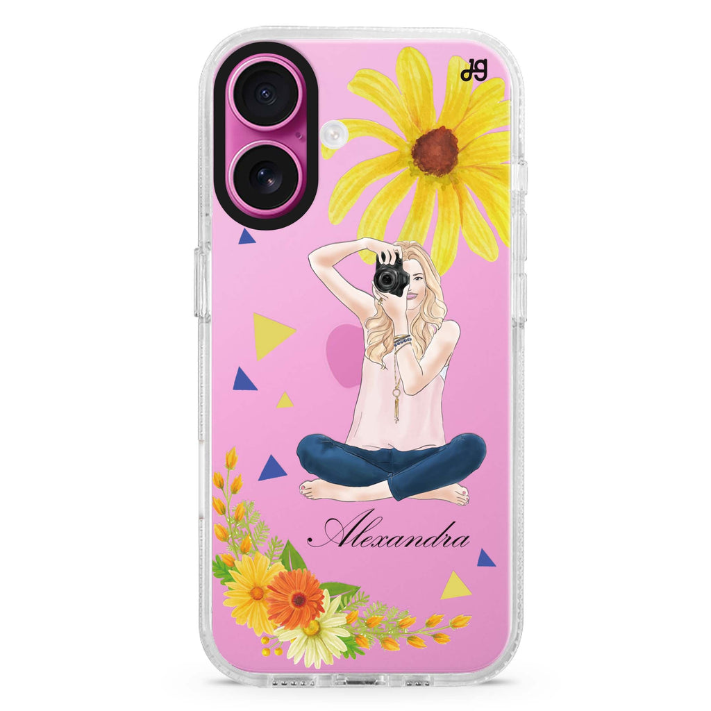 Floral Photography II custom name iPhone 16 and 16 Plus ultra clear case, transparent floral artwork, front product view