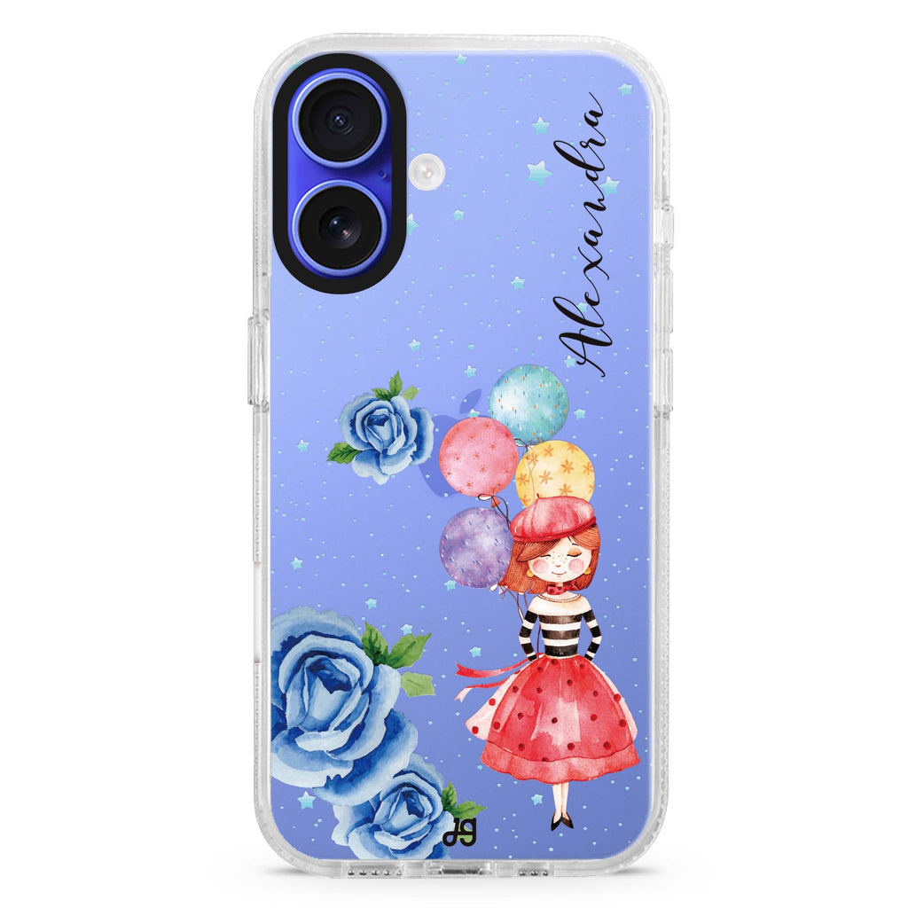 Thumbeina custom name iPhone 16 and 16 Plus ultra clear case, transparent graphic artwork, front product view