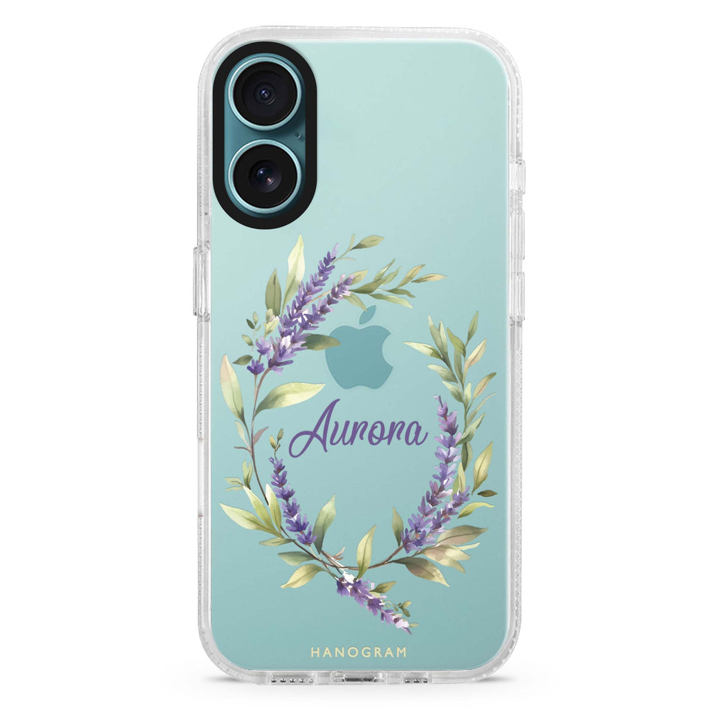 Lavender Ring custom name iPhone 16 and 16 Plus ultra clear case, transparent floral artwork, front product view