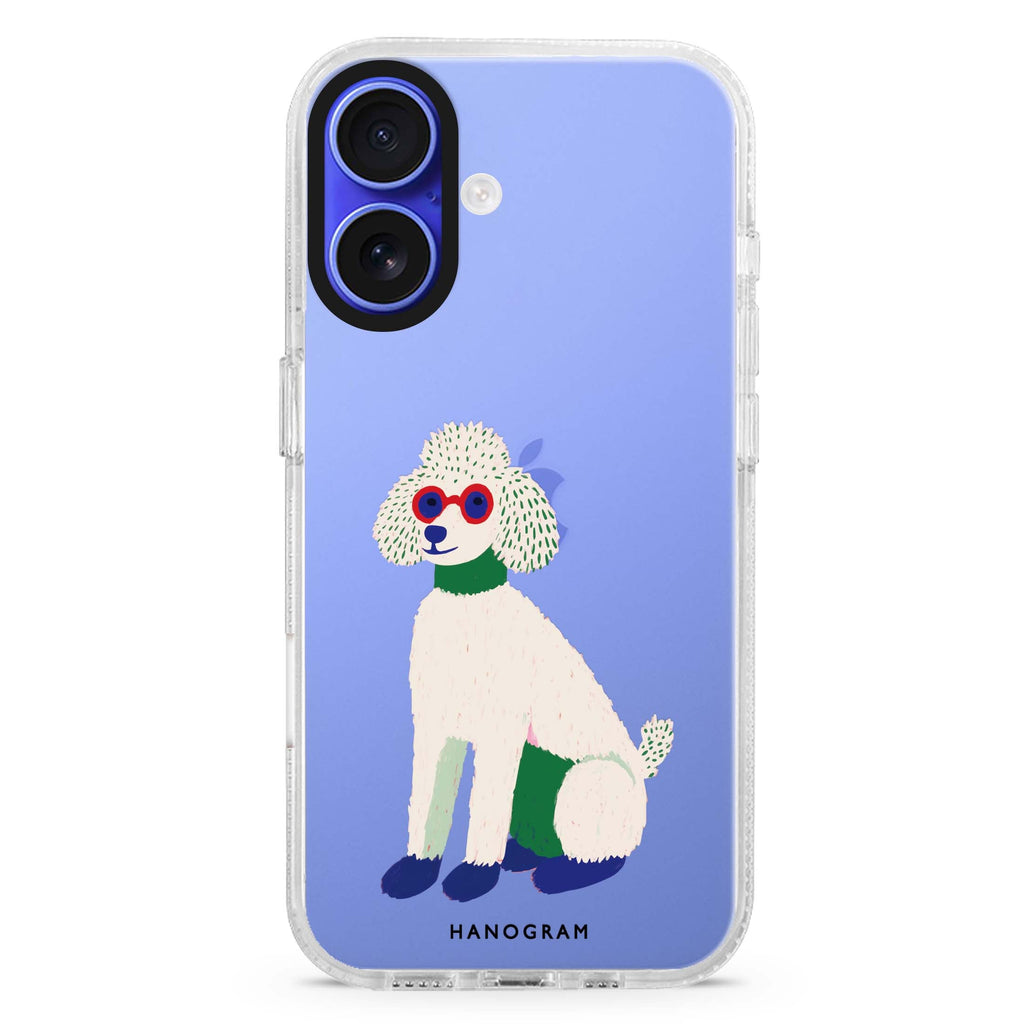 Peace & Poodle iPhone 16 and 16 Plus ultra clear case, transparent dog artwork, front product view