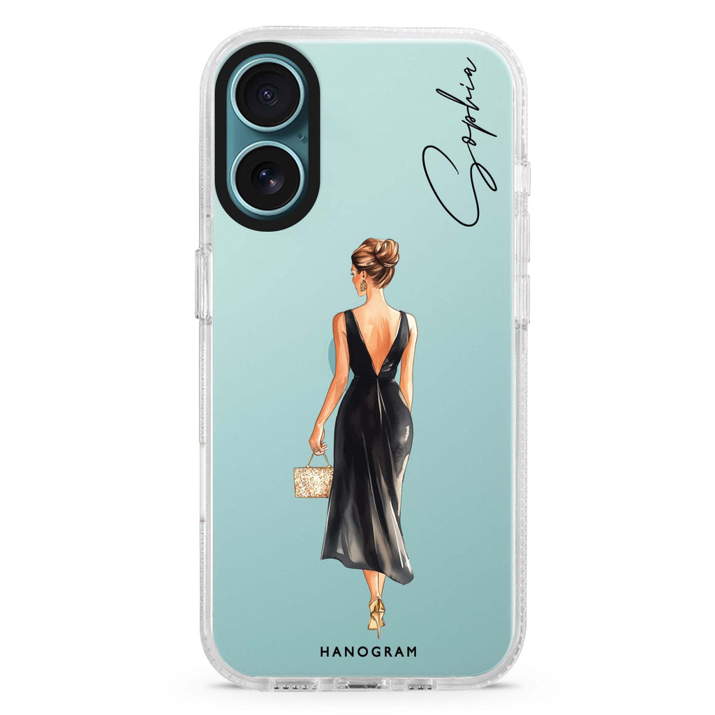 Midnight Glow custom name iPhone 16 and 16 Plus ultra clear case, transparent celestial artwork, front product view