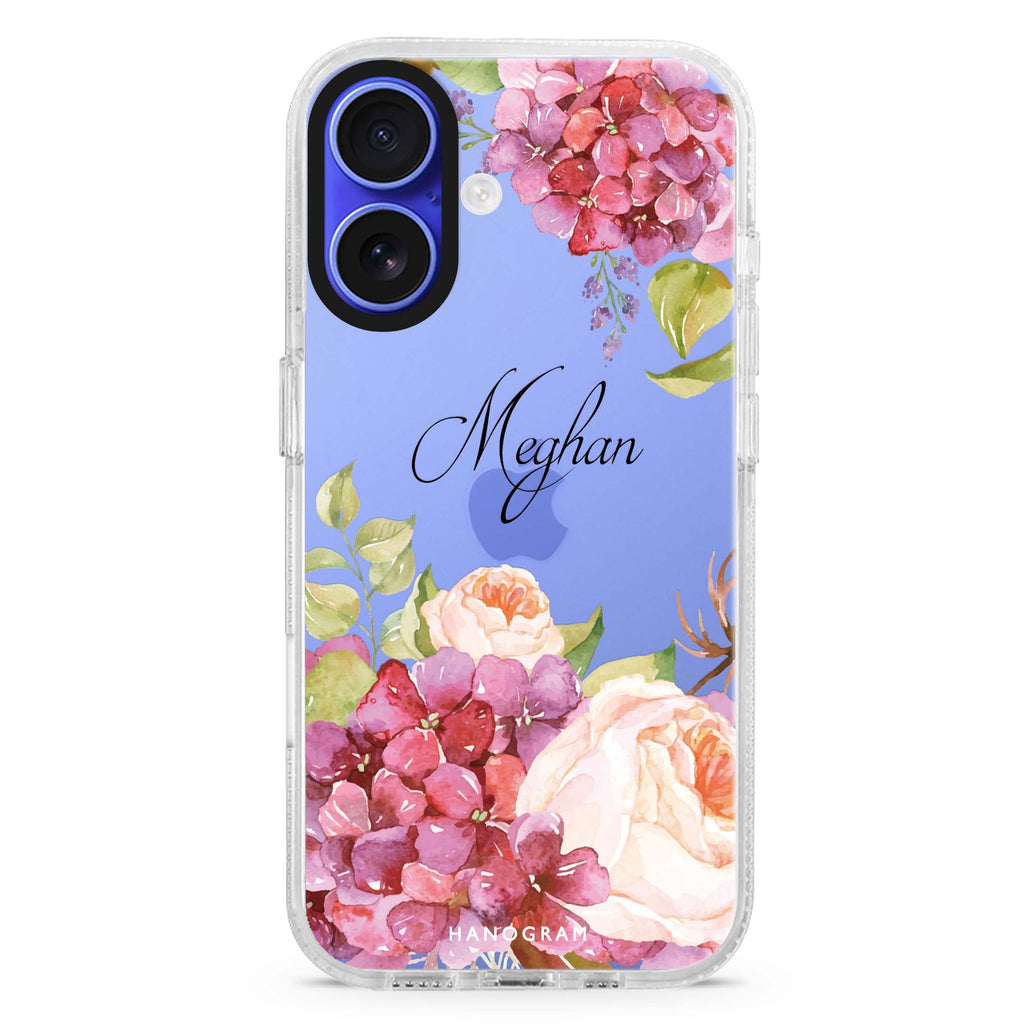 Pretty Floral custom name iPhone 16 and 16 Plus ultra clear case, transparent floral artwork, front product view