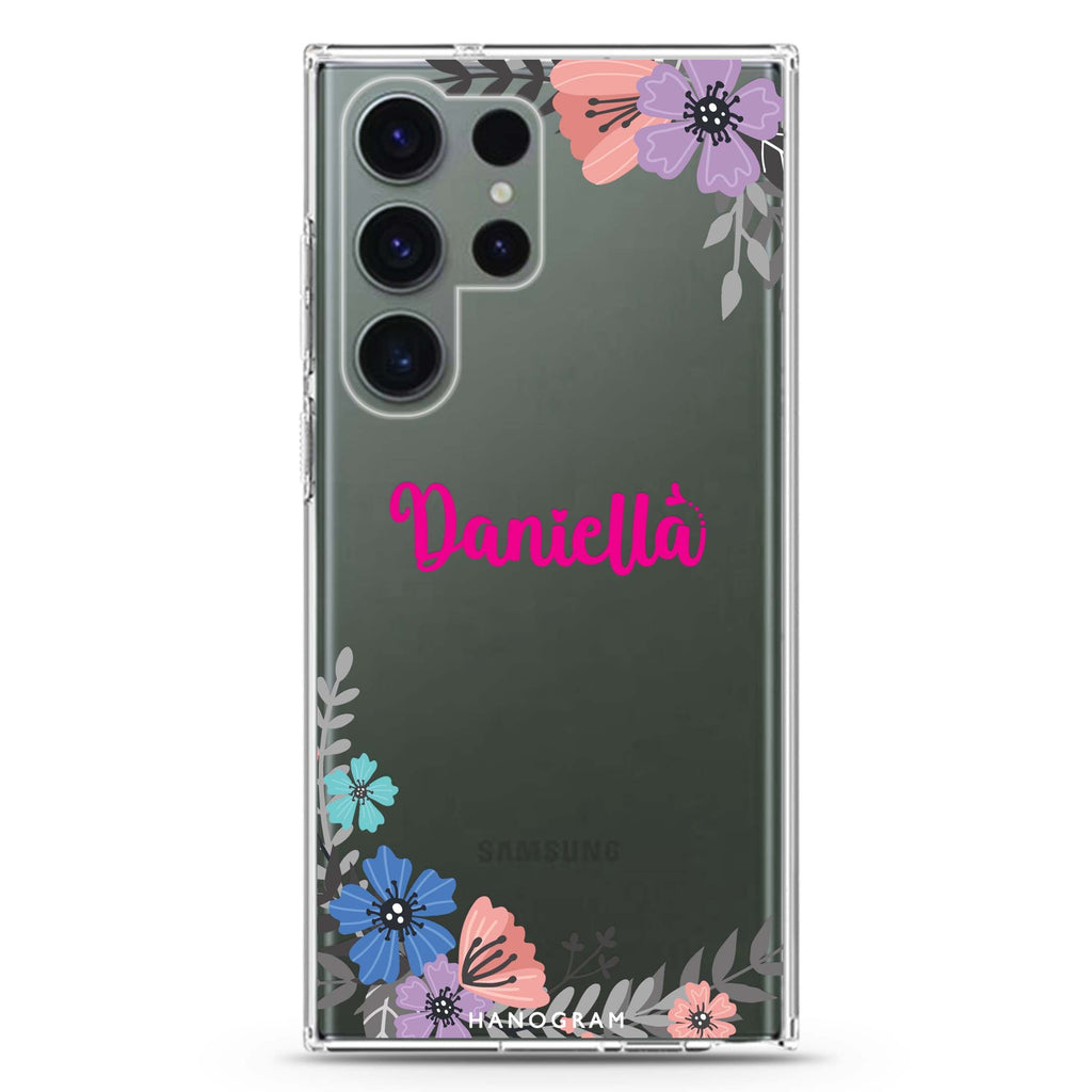 Blossom Bliss personalized name Samsung Galaxy S26/S25/S24/S23/S22 Ultra ultra clear case, transparent design, main view