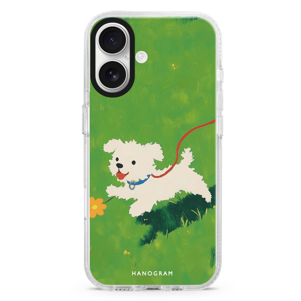 Puppy Pop iPhone 16 and 16 Plus ultra clear case, transparent dog artwork, front product view