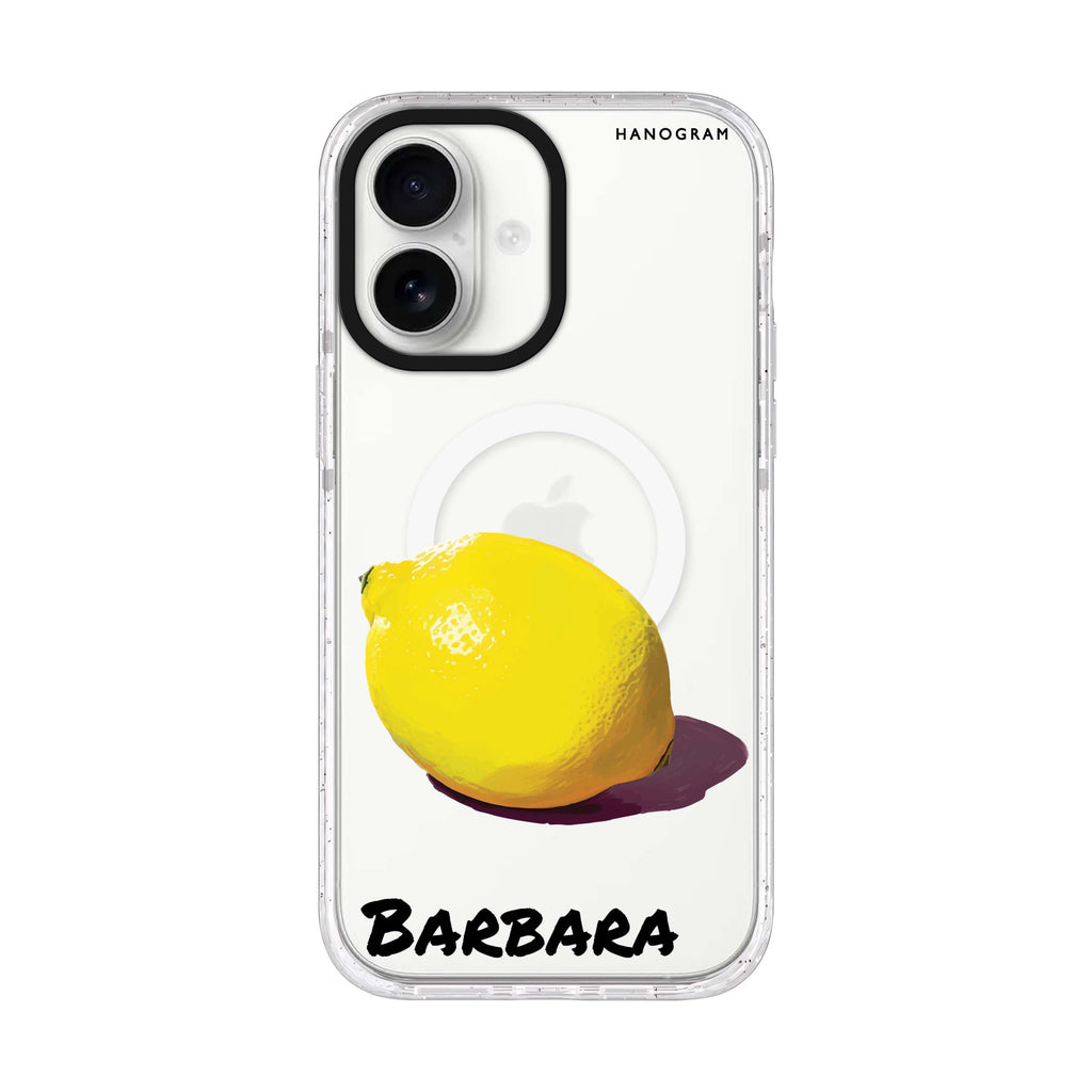 Lemon Lush personalized name iPhone 17 ultra clear MagSafe case, front product view
