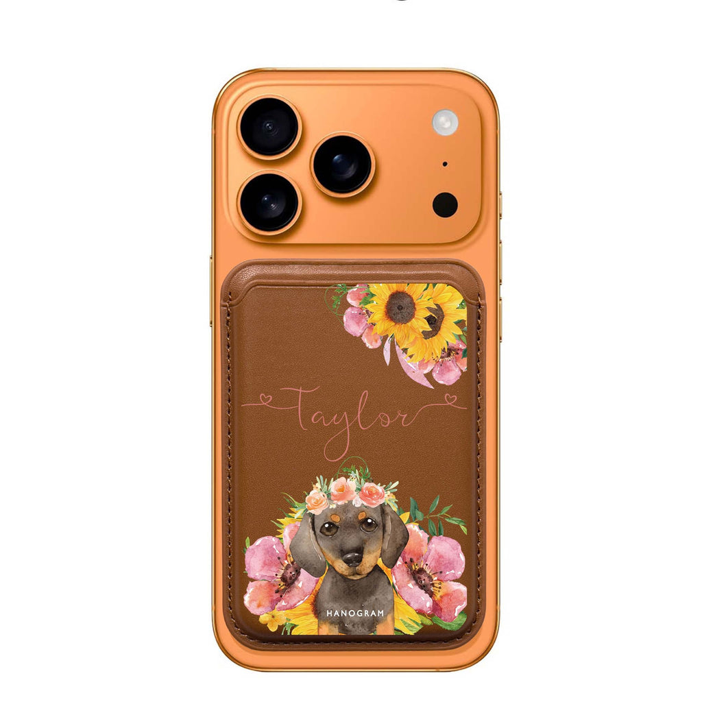 Sunflower Puppy custom name MagSafe wallet for iPhone, personalized magnetic card holder, main view