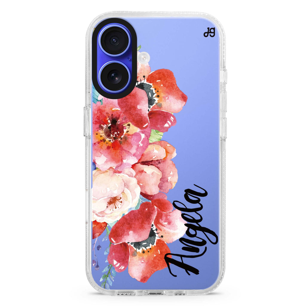 Poppies custom name iPhone 16 and 16 Plus ultra clear case, transparent graphic artwork, front product view