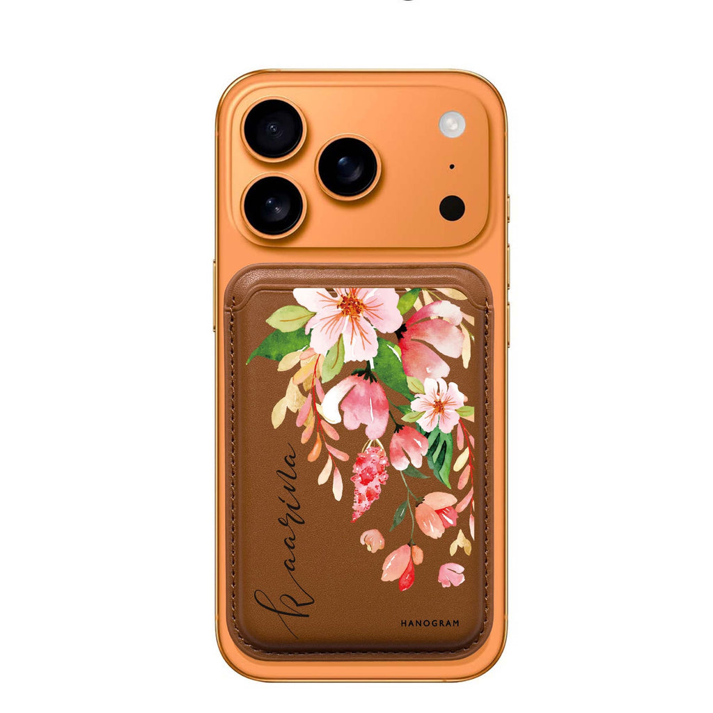 Watercolor Blossom custom name MagSafe wallet for iPhone, personalized magnetic card holder, main view