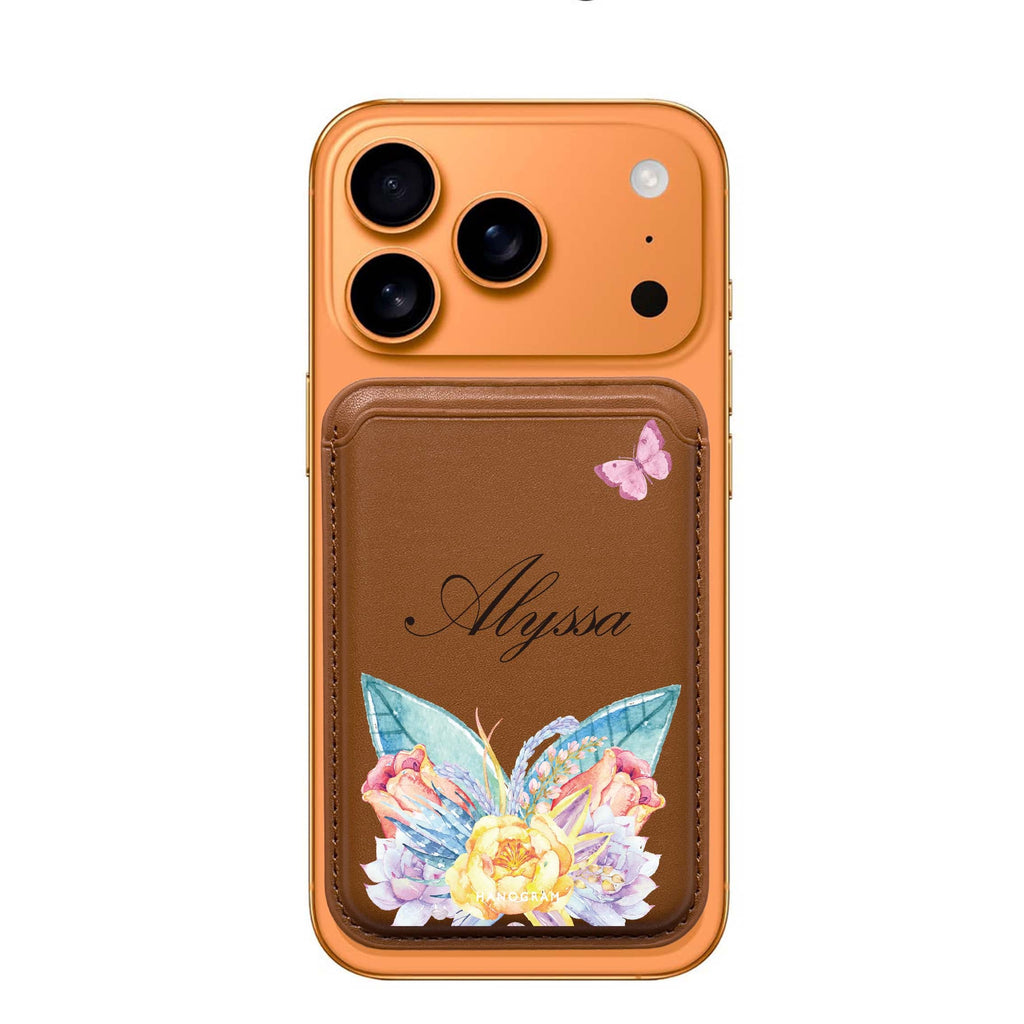 Butterfly and Abloom Rose custom name MagSafe wallet for iPhone, personalized magnetic card holder, main view
