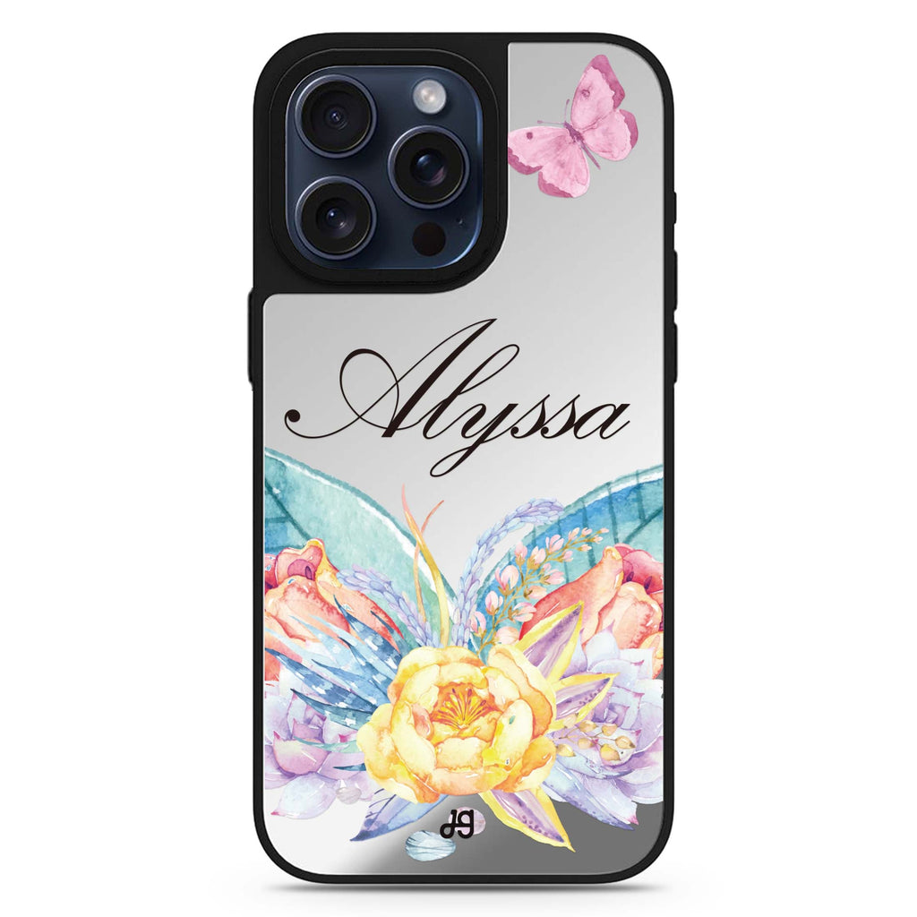Butterfly and Abloom Rose personalized name MagSafe mirror case for iPhone 16/15/14 Pro Max and Pro, main view