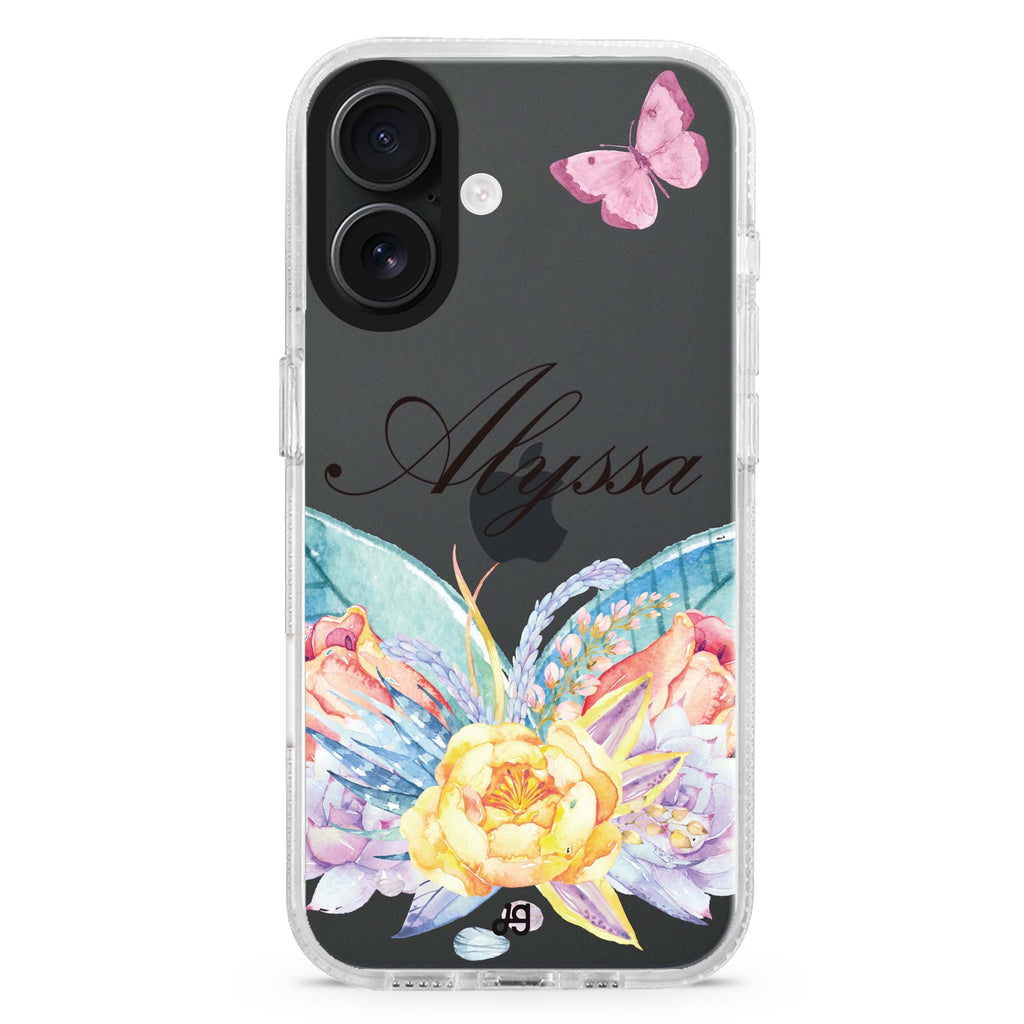 Butterfly and Abloom Rose custom name iPhone 16 and 16 Plus ultra clear case, transparent floral artwork, front product view