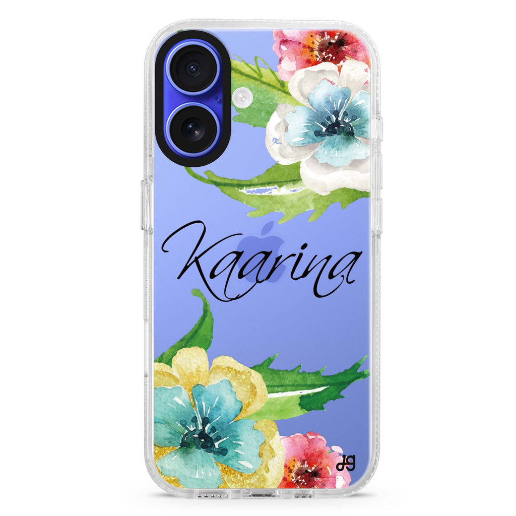 Golden and White Anemones custom name iPhone 16 and 16 Plus ultra clear case, transparent colorful artwork, front product view