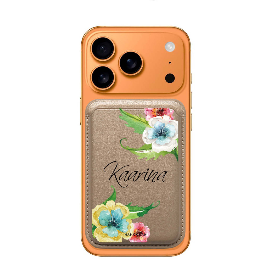 Golden and White Anemones custom name MagSafe wallet for iPhone, personalized magnetic card holder, main view