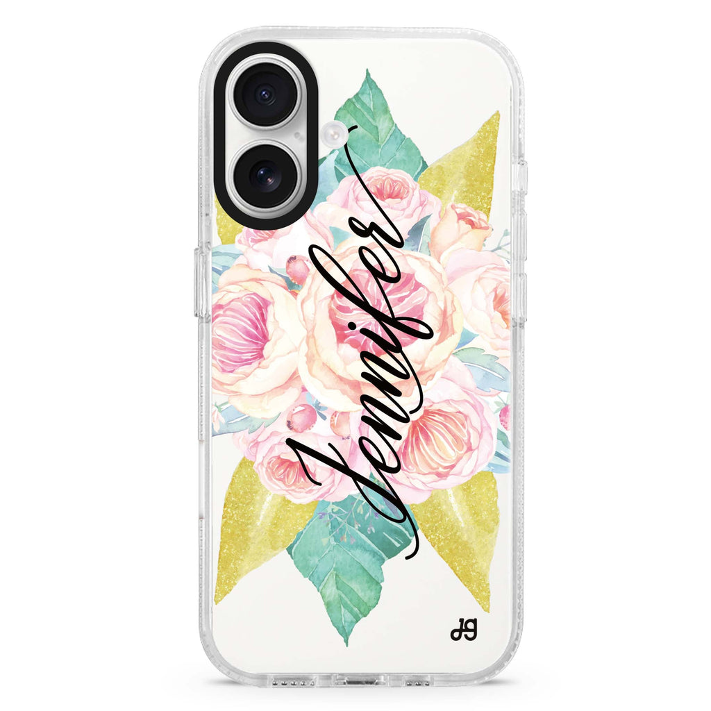 Abloom Rose custom name iPhone 16 and 16 Plus ultra clear case, transparent floral artwork, front product view