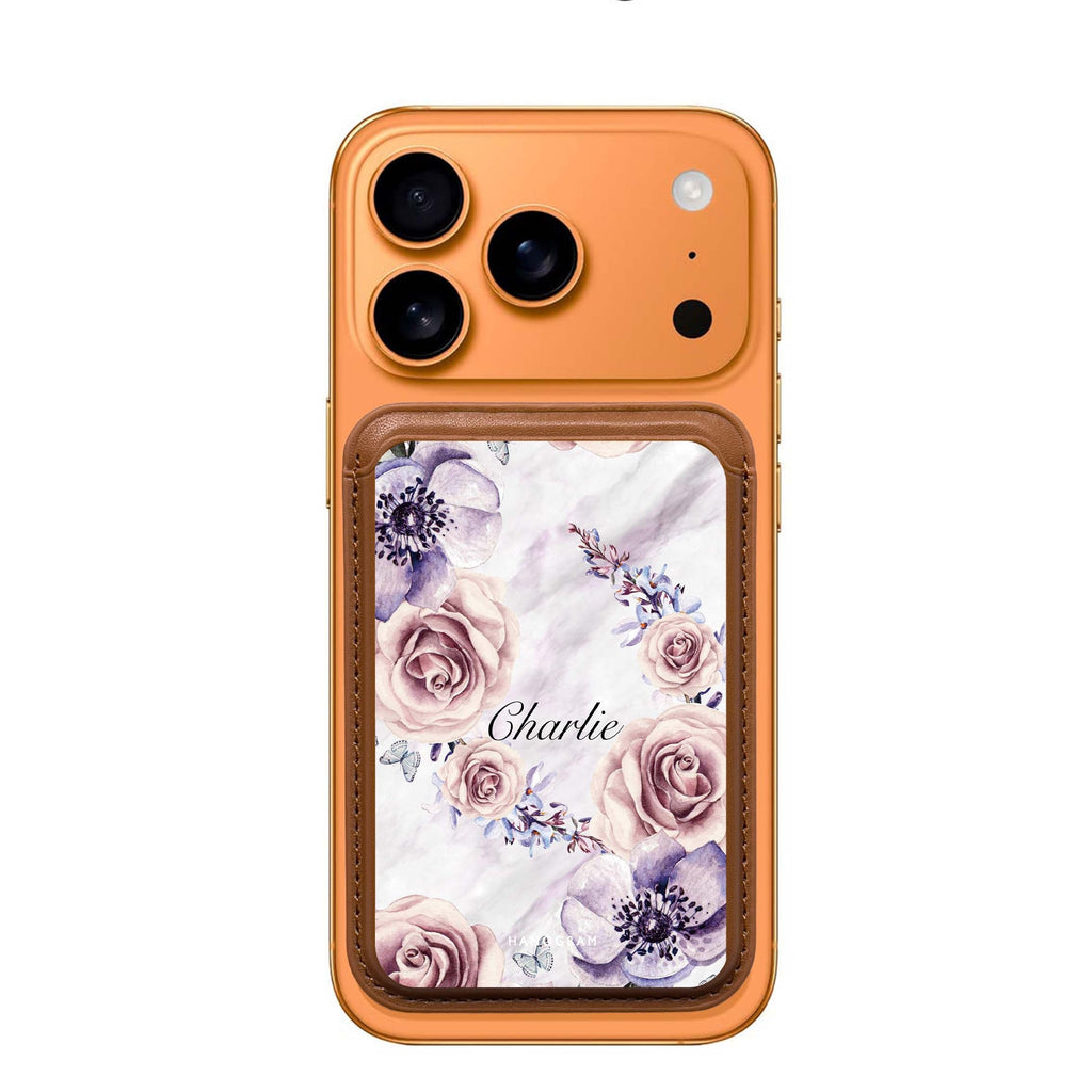 White Marble & Flower custom name MagSafe wallet for iPhone, personalized magnetic card holder, main view
